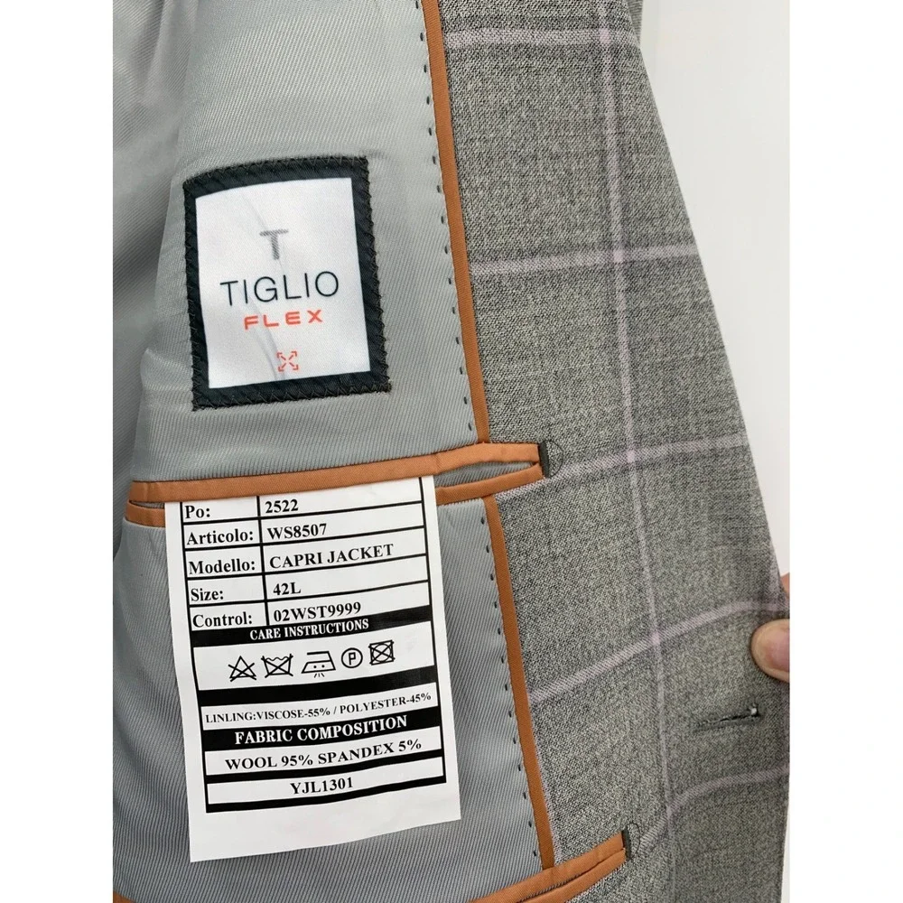 Tiglio Blazer Mens‎ 42L Gray Plaid Wool Stretch Flex Two Button Sport Coat Capri